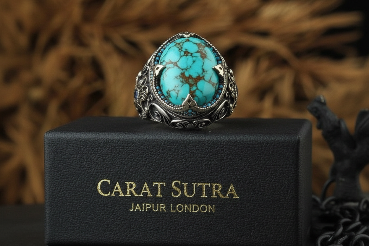 RARE PRINCE by CARAT SUTRA | Unique Designed Turkish Style Ring with Natural Irani Turquoise (Firoza) | 925 Sterling Silver Oxidized Ring | Men's Jewelry | With Certificate of Authenticity and 925 Hallmark - caratsutra