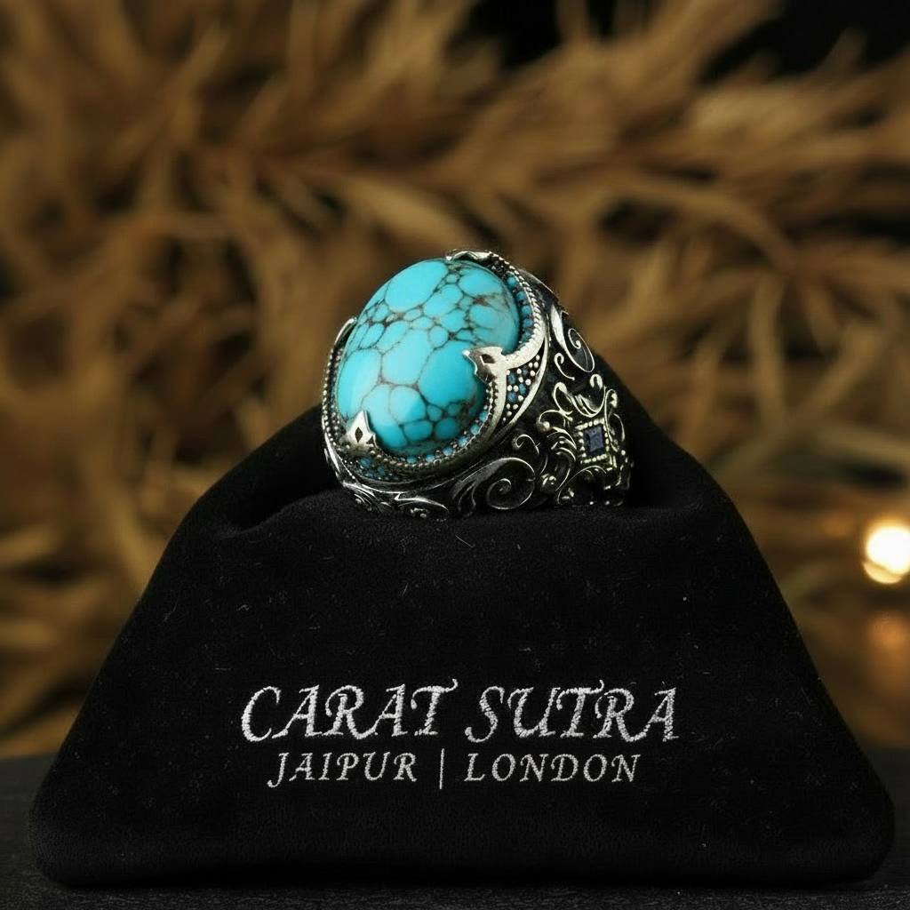RARE PRINCE by CARAT SUTRA | Unique Designed Turkish Style Ring with Natural Irani Turquoise (Firoza) | 925 Sterling Silver Oxidized Ring | Men's Jewelry | With Certificate of Authenticity and 925 Hallmark