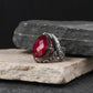 RARE PRINCE by CARAT SUTRA | Unique Designed Turkish Style Heavy Ring with Natural Red Ruby | 22kt Gold Micron Plated 925 Sterling Silver Oxidized Ring | Men's Jewelry | With Certificate of Authenticity and 925 Hallmark