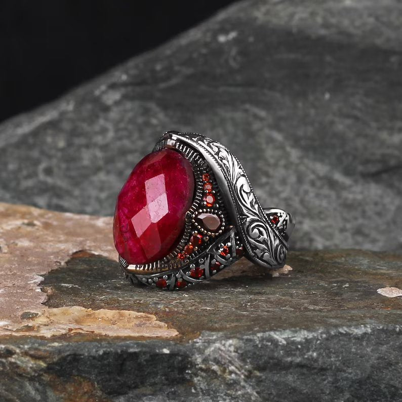 RARE PRINCE by CARAT SUTRA | Unique Designed Turkish Style Heavy Ring with Natural Red Ruby | 22kt Gold Micron Plated 925 Sterling Silver Oxidized Ring | Men's Jewelry | With Certificate of Authenticity and 925 Hallmark