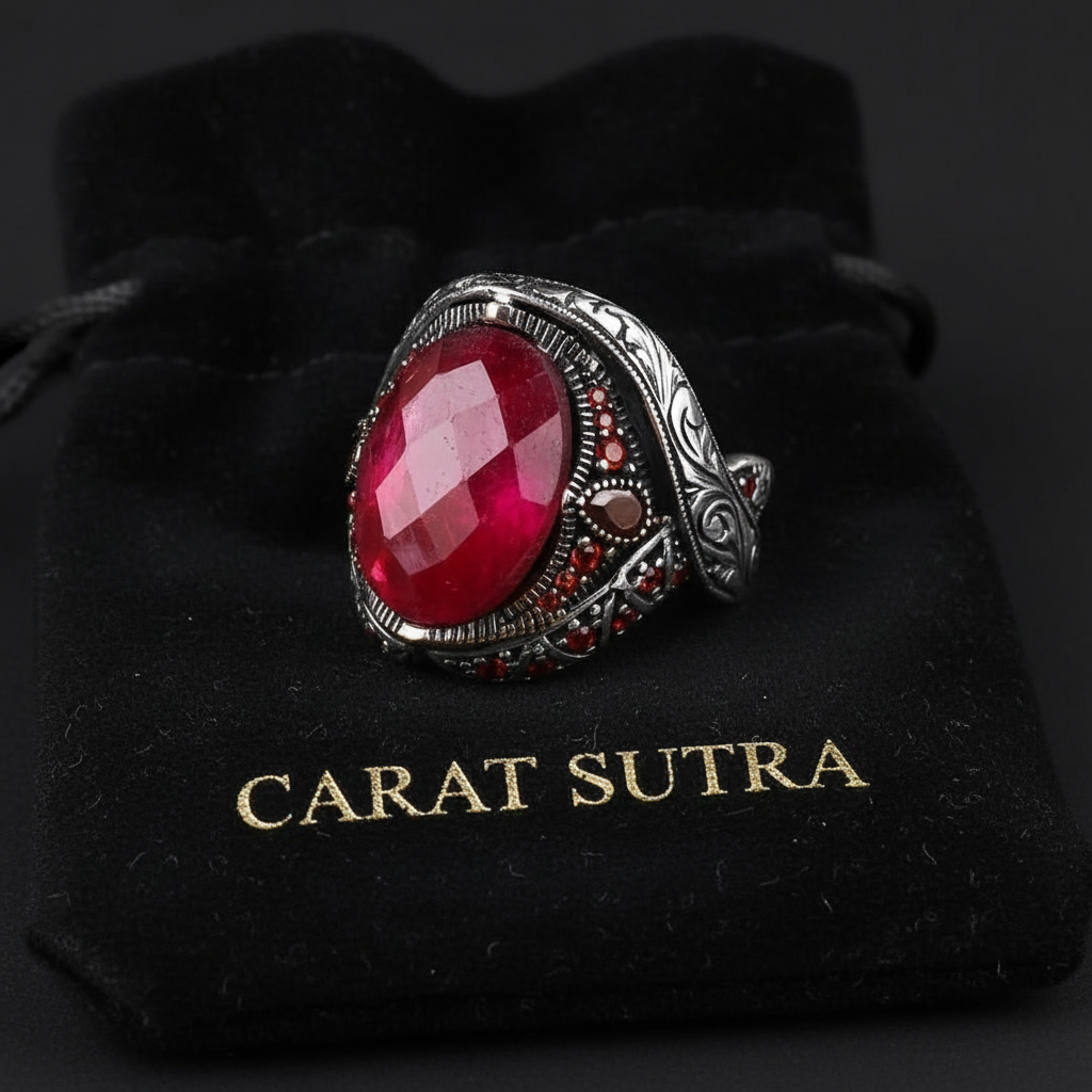 RARE PRINCE by CARAT SUTRA | Unique Designed Turkish Style Heavy Ring with Natural Red Ruby | 22kt Gold Micron Plated 925 Sterling Silver Oxidized Ring | Men's Jewelry | With Certificate of Authenticity and 925 Hallmark