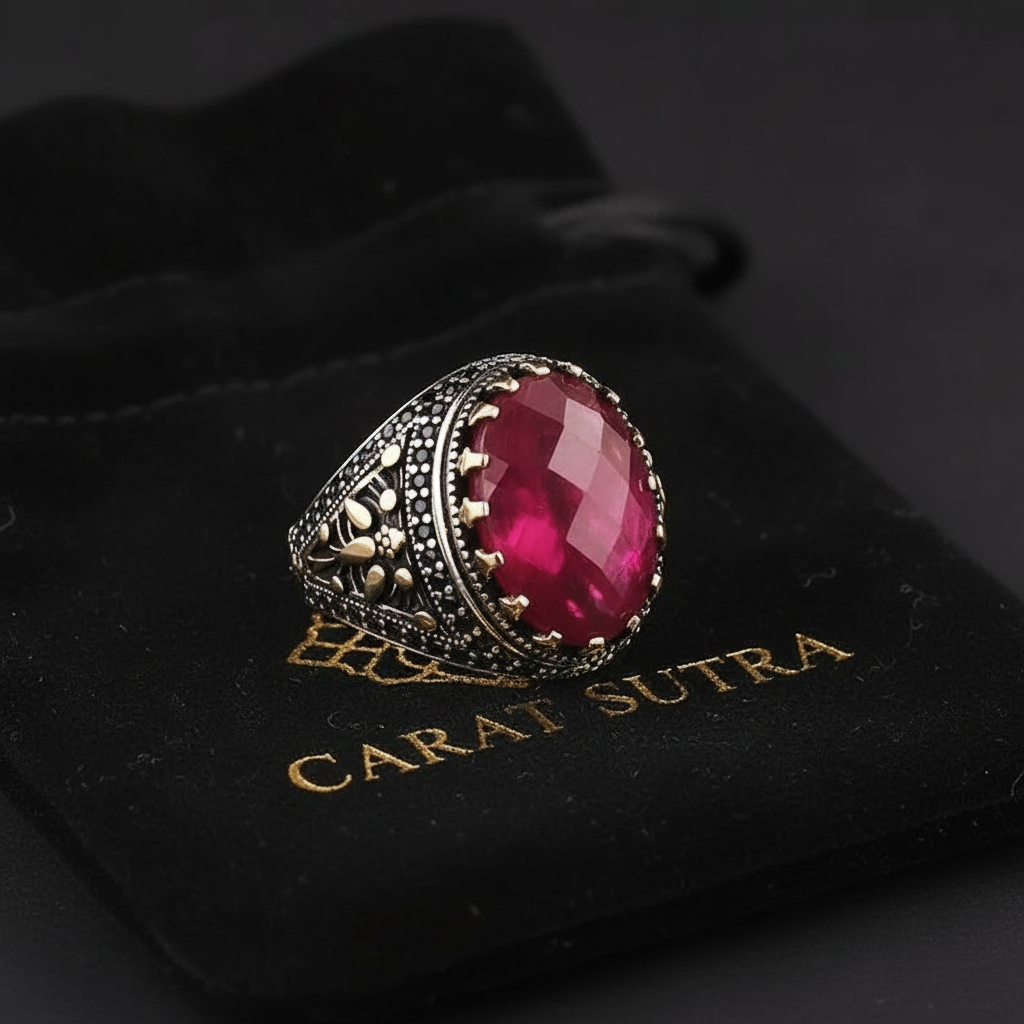 RARE PRINCE by CARAT SUTRA | Unique Designed Turkish Style Heavy Ring with Natural Red Ruby | 22kt Gold Micron Plated 925 Sterling Silver Oxidized Ring | Men's Jewelry | With Certificate of Authenticity and 925 Hallmark