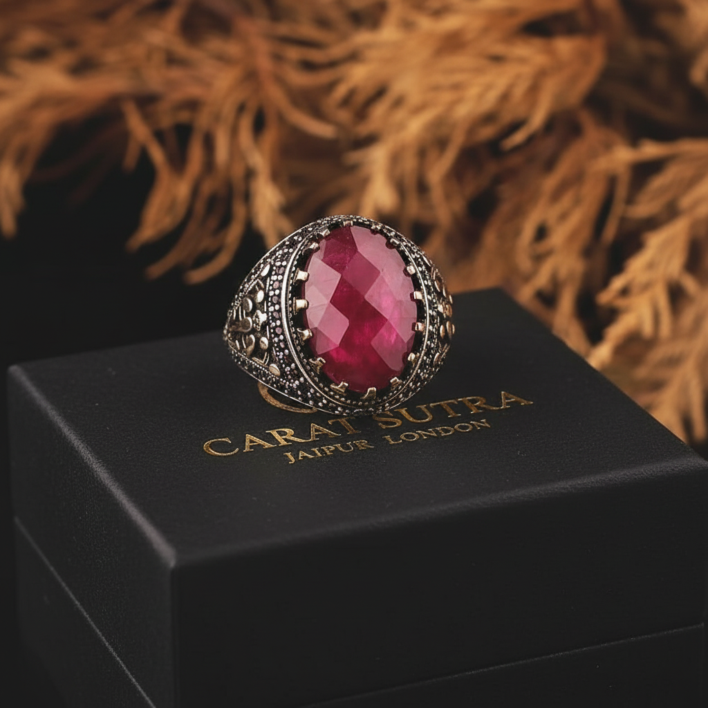 RARE PRINCE by CARAT SUTRA | Unique Designed Turkish Style Heavy Ring with Natural Red Ruby | 22kt Gold Micron Plated 925 Sterling Silver Oxidized Ring | Men's Jewelry | With Certificate of Authenticity and 925 Hallmark - caratsutra