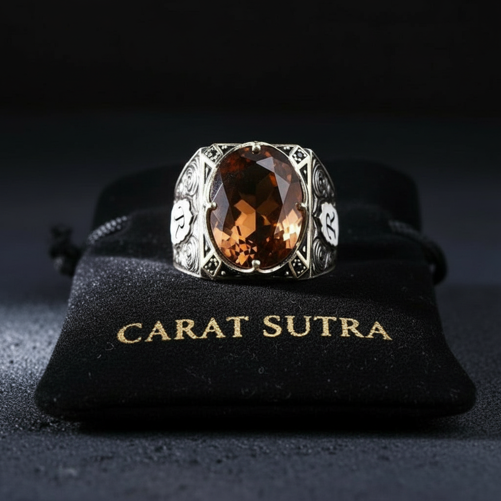RARE PRINCE by CARAT SUTRA | Unique Designed Ring with Custom Name Initiall, Studded Natural  with Hessonite Stone (Gomed) With Certificate of Authenticity and 925 Hallmark