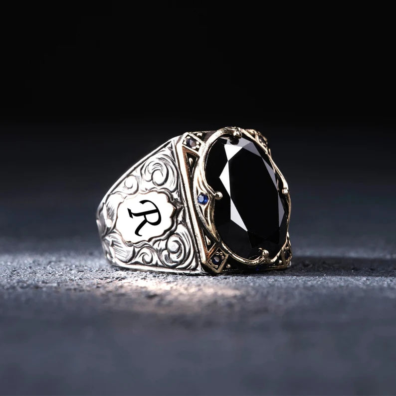 RARE PRINCE by CARAT SUTRA | Unique Turkish Style Ring with Natural Black Onyx | With Custom Name Initial, 925 Sterling Silver Ring | Men's Jewelry | With Certificate of Authenticity and 925 Hallmark