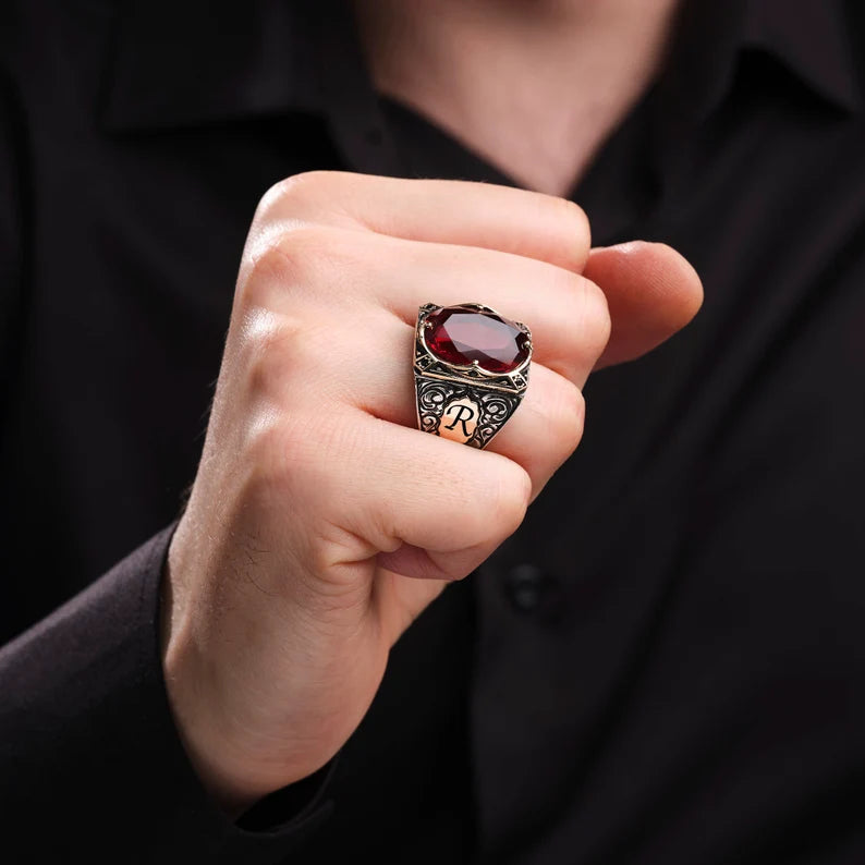 RARE PRINCE by CARAT SUTRA | Unique Designed Snake Ring with Custom Name Initial, Red Zircon With Certificate of Authenticity and 925 Hallmark