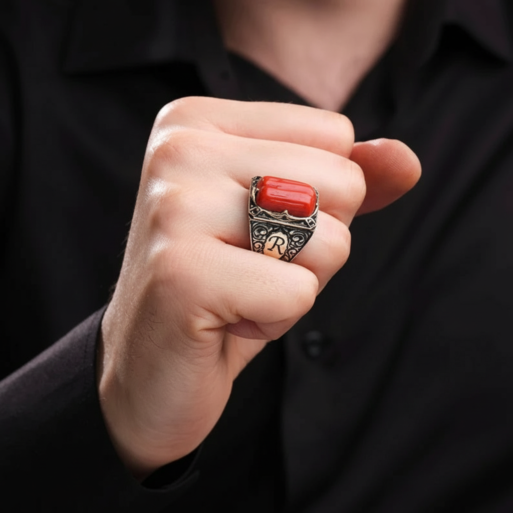 Capsul shaped 10ct Natural Red Coral (Moonga) | 925 Sterling Silver Oxidized Ring with Custom name initials | With Certificate of Authenticity and 925 Hallmark