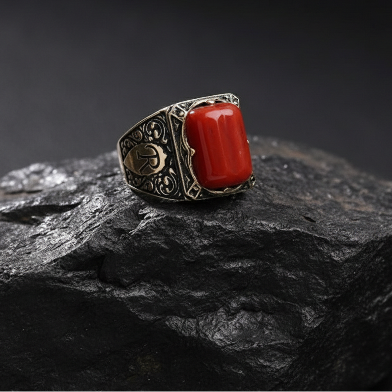 Capsul shaped 10ct Natural Red Coral (Moonga) | 925 Sterling Silver Oxidized Ring with Custom name initials | With Certificate of Authenticity and 925 Hallmark