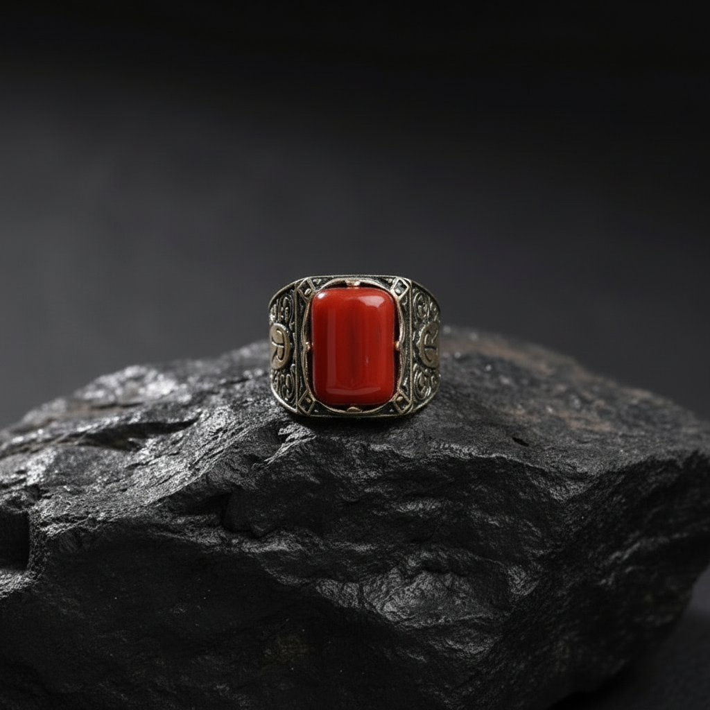 Capsul shaped 10ct Natural Red Coral (Moonga) | 925 Sterling Silver Oxidized Ring with Custom name initials | With Certificate of Authenticity and 925 Hallmark