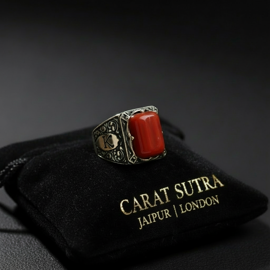 Capsul shaped 10ct Natural Red Coral (Moonga) | 925 Sterling Silver Oxidized Ring with Custom name initials | With Certificate of Authenticity and 925 Hallmark