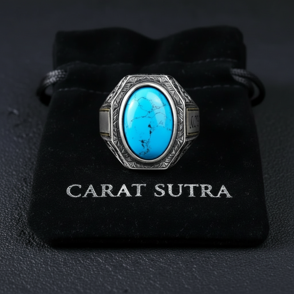 RARE PRINCE by CARAT SUTRA | Unique Designed Turkish Style Ring with Natural Irani Turquoise (Firoza) | 925 Sterling Silver Oxidized Ring | Men's Jewelry | With Certificate of Authenticity and 925 Hallmark