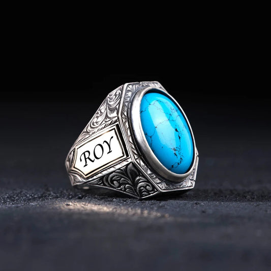 RARE PRINCE by CARAT SUTRA | Unique Designed Turkish Style Ring with Natural Blue Turquoise | 925 Sterling Silver Oxidized Ring | Men's Jewelry | With Certificate of Authenticity and 925 Hallmark