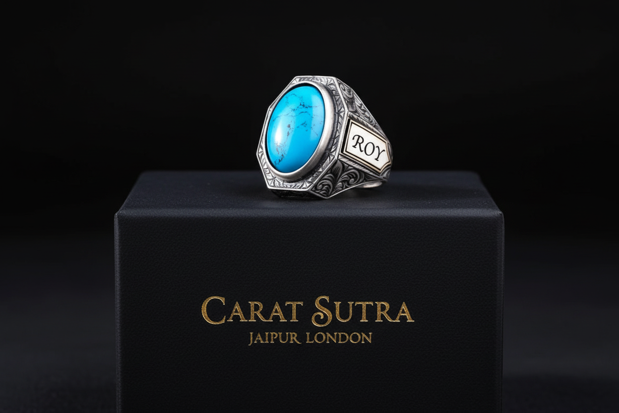 RARE PRINCE by CARAT SUTRA | Unique Designed Turkish Style Ring with Natural Irani Turquoise (Firoza) | 925 Sterling Silver Oxidized Ring | Men's Jewelry | With Certificate of Authenticity and 925 Hallmark - caratsutra