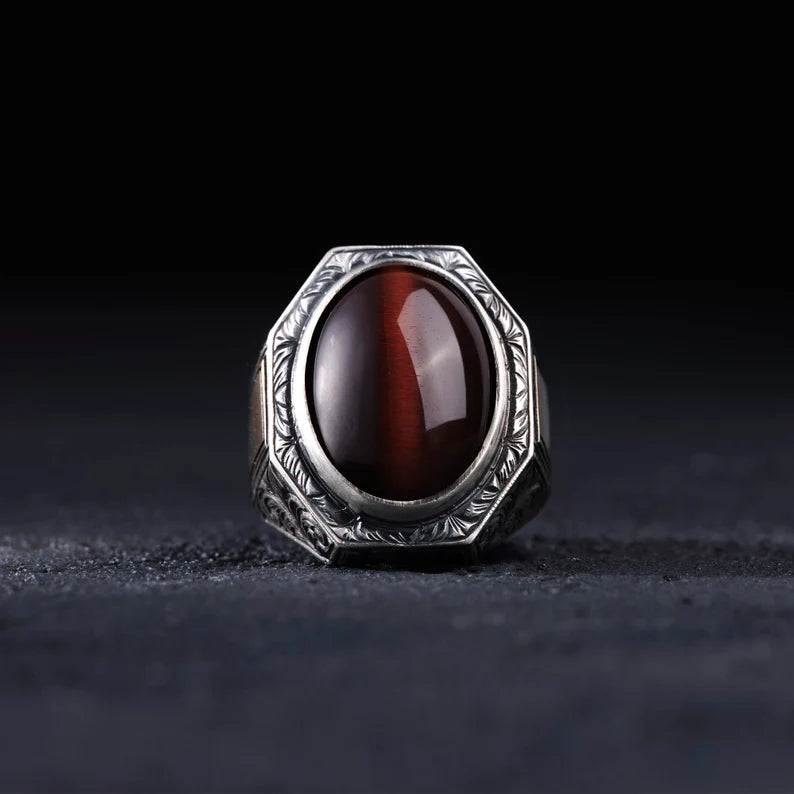 RARE PRINCE by CARAT SUTRA | Unique Designed Turkish Style Ring with Natural Tiger Eye  | 925 Sterling Silver Oxidized Ring | Men's Jewelry | With Certificate of Authenticity and 925 Hallmark