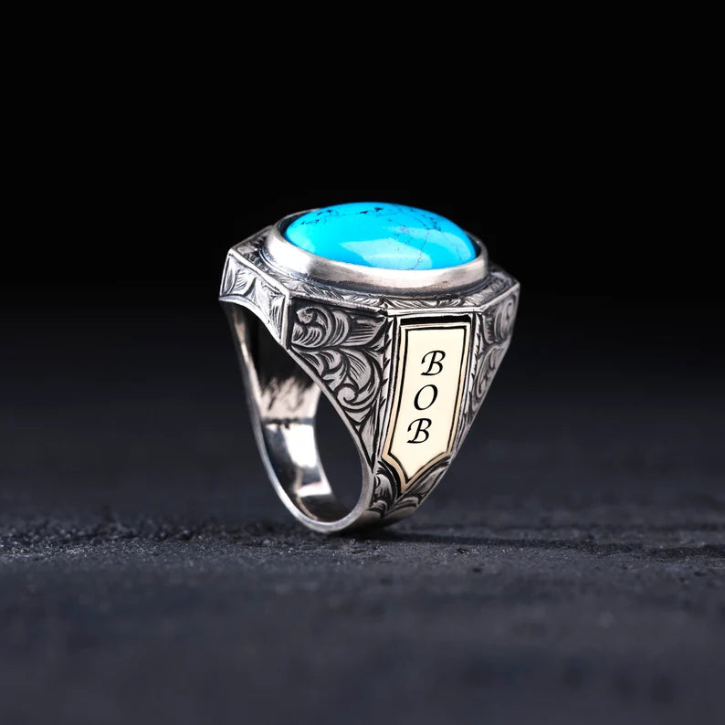 RARE PRINCE by CARAT SUTRA | Unique Designed Turkish Style Ring with Natural Blue Turquoise | 925 Sterling Silver Oxidized Ring | Men's Jewelry | With Certificate of Authenticity and 925 Hallmark