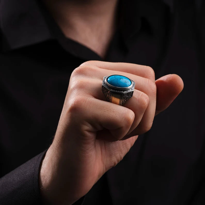 RARE PRINCE by CARAT SUTRA | Unique Designed Turkish Style Ring with Natural Blue Turquoise | 925 Sterling Silver Oxidized Ring | Men's Jewelry | With Certificate of Authenticity and 925 Hallmark