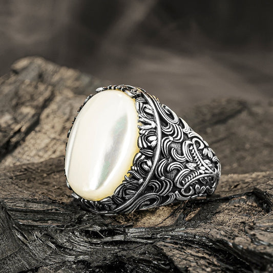 RARE PRINCE by CARAT SUTRA | Unique Turkish Style Ring with Natural Pearl | 925 Sterling Silver Oxidized Ring | Men's Jewelry | With Certificate of Authenticity and 925 Hallmark