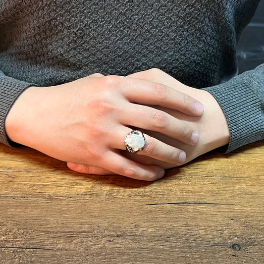 RARE PRINCE by CARAT SUTRA | Unique Designed Turkish Style Ring with Natural Moonstone | 925 Sterling Silver Oxidized Ring | MRen's Jewelry | With Certificate of Authenticity and 925 Hallmark