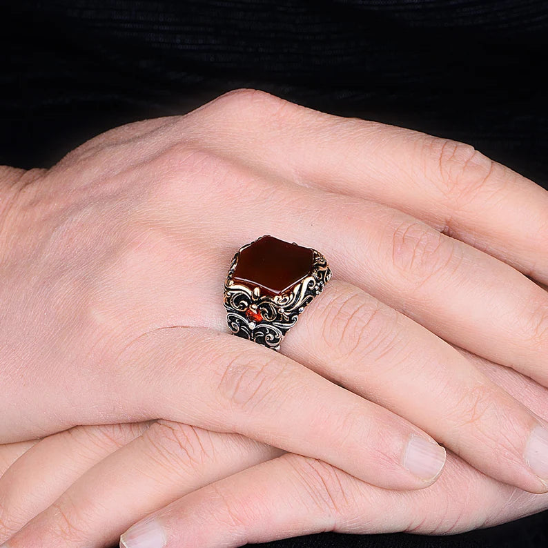 RARE PRINCE by CARAT SUTRA | Unique Turkish Style Ring with Natural Red Agate | 925 Sterling Silver Oxidized Ring | Men's Jewelry | With Certificate of Authenticity and 925 Hallmark