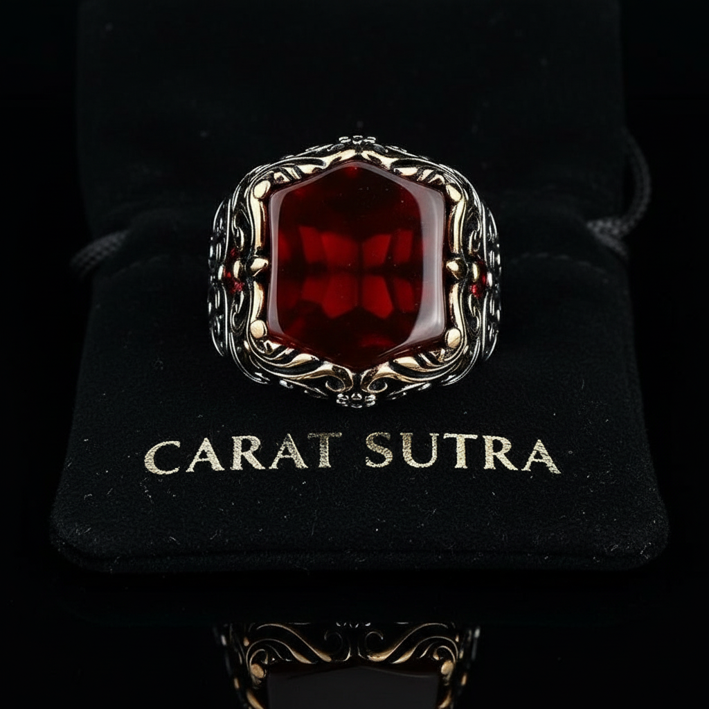 RARE PRINCE by CARAT SUTRA | Unique Turkish Style Ring with Natural Red Agate | 925 Sterling Silver Oxidized Ring | Men's Jewelry | With Certificate of Authenticity and 925 Hallmark