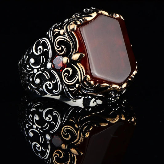 RARE PRINCE by CARAT SUTRA | Unique Turkish Style Ring with Natural Red Agate | 925 Sterling Silver Oxidized Ring | Men's Jewelry | With Certificate of Authenticity and 925 Hallmark