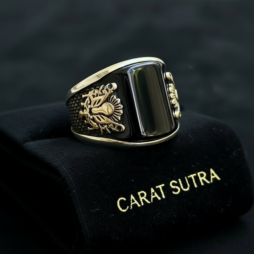RARE PRINCE by CARAT SUTRA | Unique Designed Turkish Style Curved Ring with Natural Black Onyx | 925 Sterling Silver Ring | Men's Jewelry | With Certificate of Authenticity and 925 Hallmark