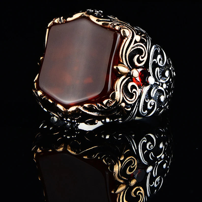 RARE PRINCE by CARAT SUTRA | Unique Turkish Style Ring with Natural Red Agate | 925 Sterling Silver Oxidized Ring | Men's Jewelry | With Certificate of Authenticity and 925 Hallmark