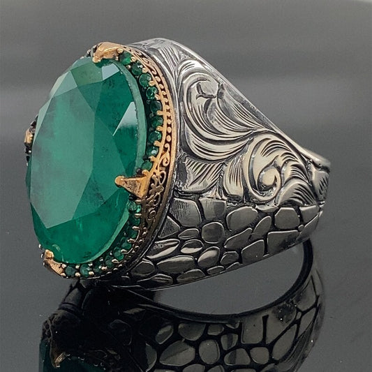 Unique Designed Turkish Style Ring with Natural Zambian Emerald | 925 Sterling Silver Oxidized Ring | With Certificate of Authenticity and 925 Hallmark