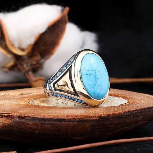 RARE PRINCE by CARAT SUTRA | Unique Designed Turkish Style Ring with Natural Turquoise (Firoza)| 925 Sterling Silver Oxidized Ring | Men's Jewelry | With Certificate of Authenticity and 925 Hallmark