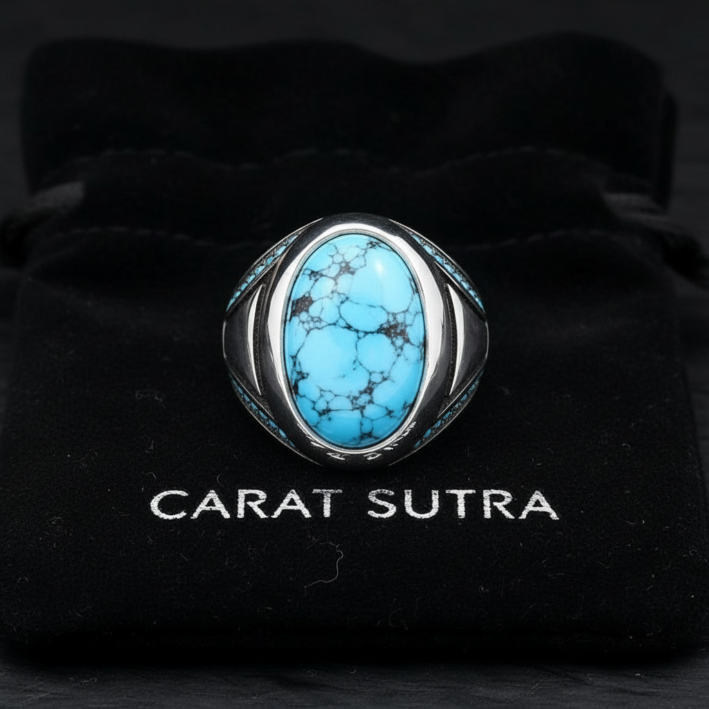 RARE PRINCE by CARAT SUTRA | Unique Designed Turkish Style Ring with Natural Turquoise (Firoza)| 925 Sterling Silver Oxidized Ring | Men's Jewelry | With Certificate of Authenticity and 925 Hallmark
