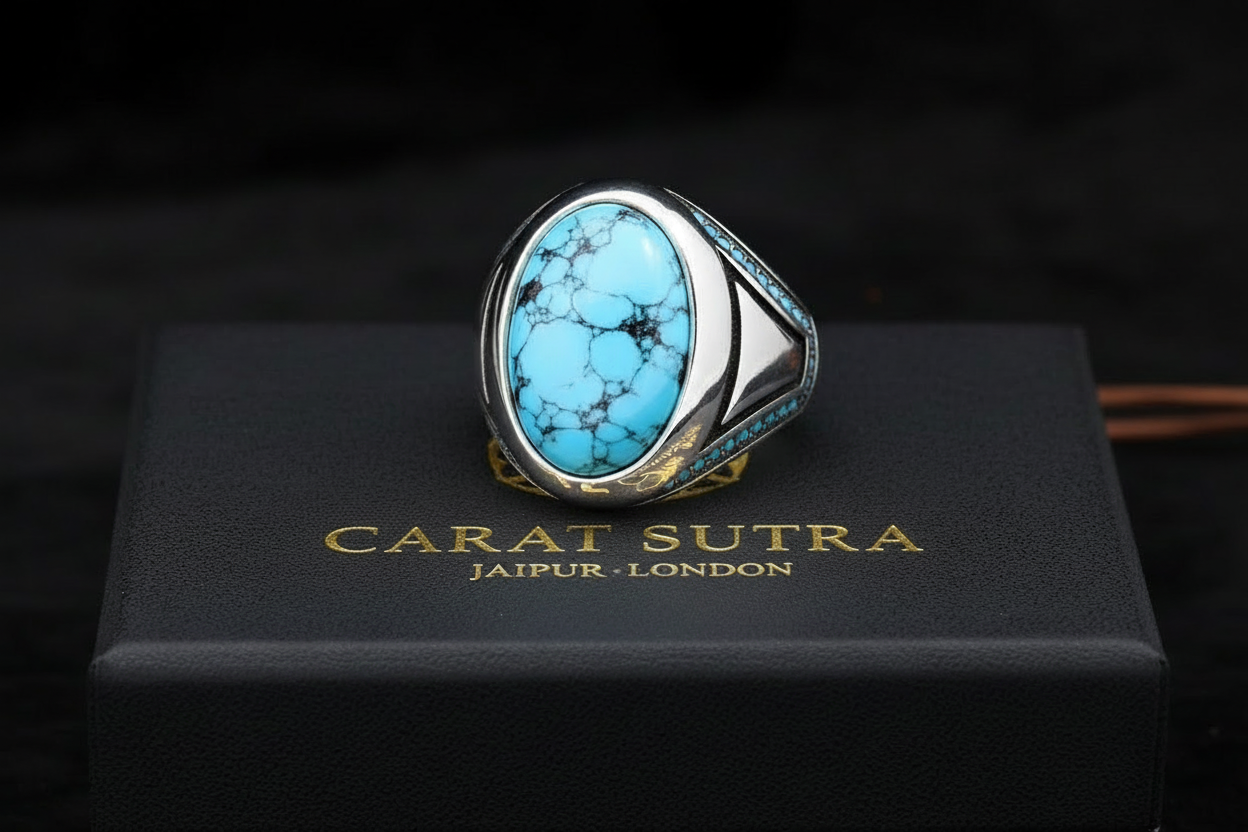 RARE PRINCE by CARAT SUTRA | Unique Designed Turkish Style Ring with Natural Turquoise (Firoza)| 925 Sterling Silver Oxidized Ring | Men's Jewelry | With Certificate of Authenticity and 925 Hallmark - caratsutra
