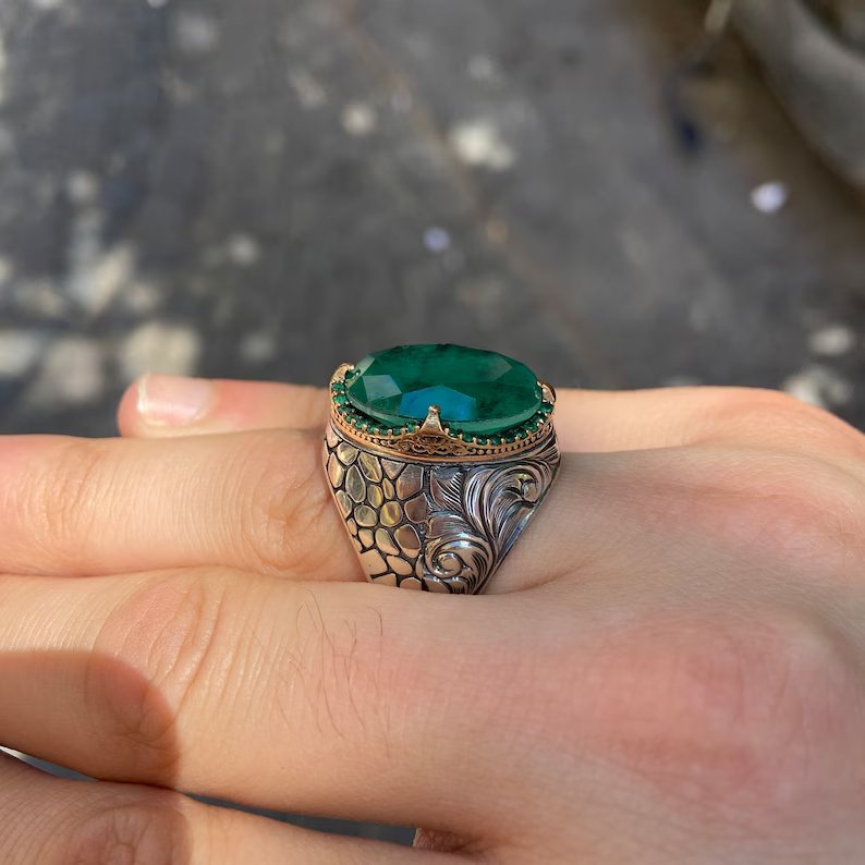 RARE PRINCE by CARAT SUTRA | Unique Designed Turkish Style Ring with Zambian Emerald | 925 Sterling Silver Oxidized Ring | Men's Jewelry | With Certificate of Authenticity and 925 Hallmark