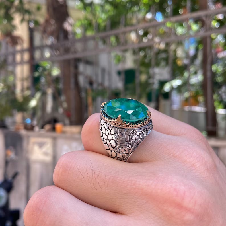RARE PRINCE by CARAT SUTRA | Unique Designed Turkish Style Ring with Zambian Emerald | 925 Sterling Silver Oxidized Ring | Men's Jewelry | With Certificate of Authenticity and 925 Hallmark