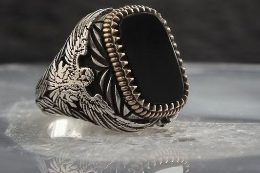 RARE PRINCE by CARAT SUTRA | Unique  Eagle Designed Turkish Style Ring with Natural Black Onyx | Black Rhodium & Gold Plated 925 Sterling Silver Ring | Men's Jewelry | With Certificate of Authenticity and 925 Hallmark