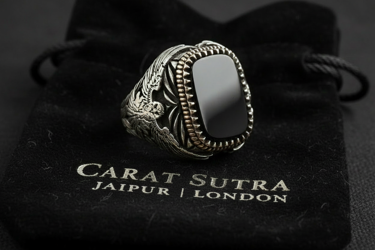 RARE PRINCE by CARAT SUTRA | Unique  Eagle Designed Turkish Style Ring with Natural Black Onyx | Black Rhodium & Gold Plated 925 Sterling Silver Ring | Men's Jewelry | With Certificate of Authenticity and 925 Hallmark