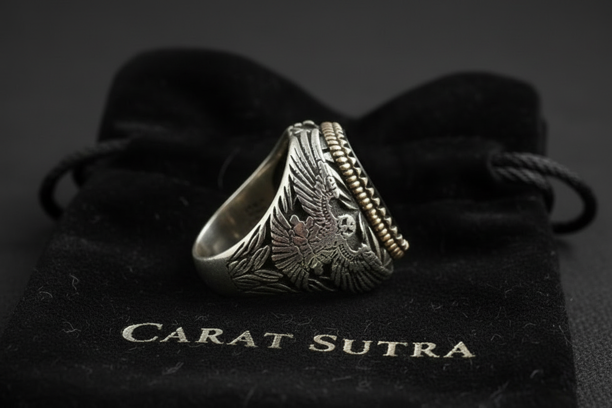 RARE PRINCE by CARAT SUTRA | Unique  Eagle Designed Turkish Style Ring with Natural Black Onyx | Black Rhodium & Gold Plated 925 Sterling Silver Ring | Men's Jewelry | With Certificate of Authenticity and 925 Hallmark