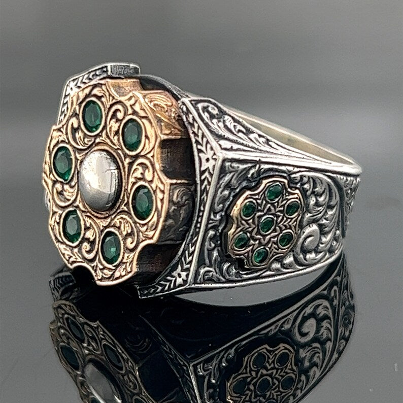 RARE PRINCE by CARAT SUTRA | Unique Designed Turkish Style Ring with 6 Stone Emerald Ring | 925 Sterling Silver Oxidized Ring | Men's Jewelry | With Certificate of Authenticity and 925 Hallmark