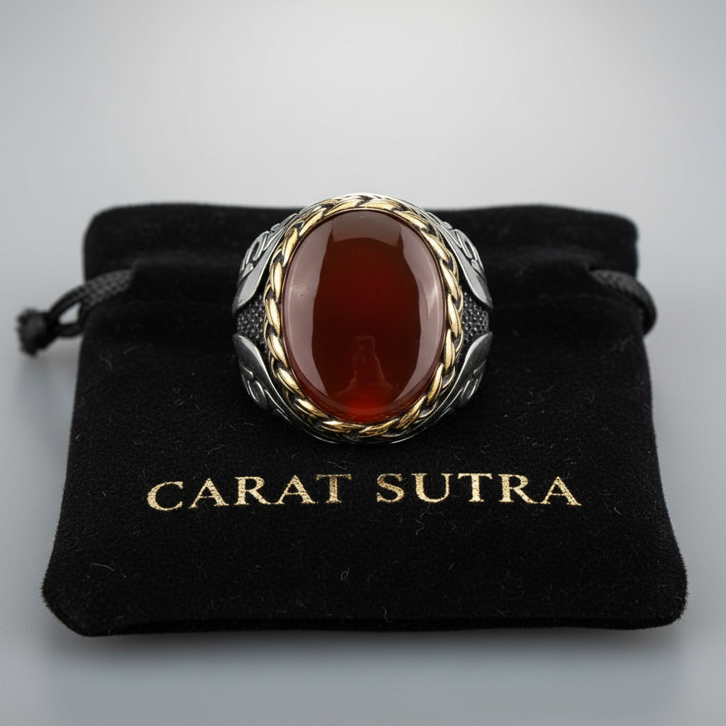 RARE PRINCE by CARAT SUTRA | Unique Turkish Style Ring with Natural Red Agate  | 925 Sterling Silver Oxidized Ring | Men's Jewelry | With Certificate of Authenticity and 925 Hallmark