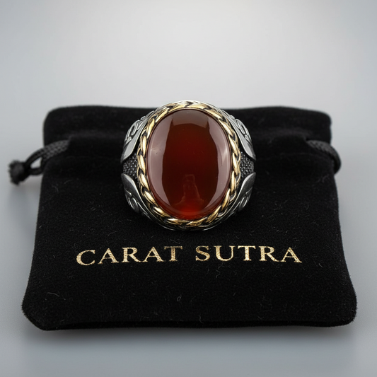 RARE PRINCE by CARAT SUTRA | Unique Turkish Style Ring with Natural Red Agate  | 925 Sterling Silver Oxidized Ring | Men's Jewelry | With Certificate of Authenticity and 925 Hallmark