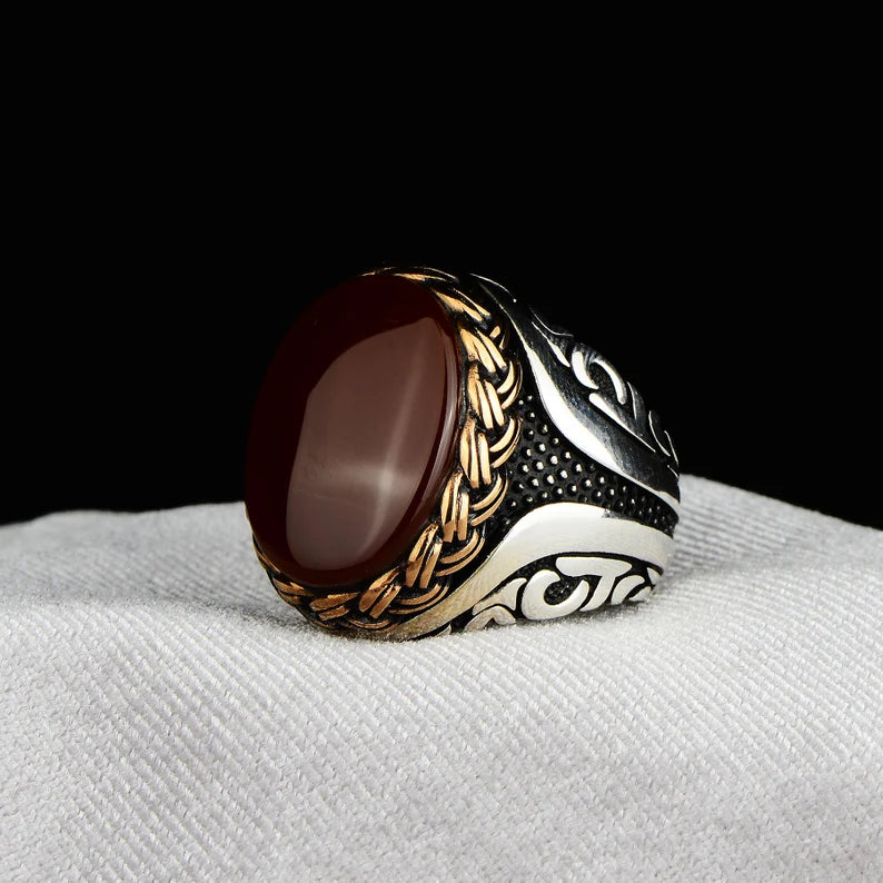 RARE PRINCE by CARAT SUTRA | Unique Turkish Style Ring with Natural Red Agate  | 925 Sterling Silver Oxidized Ring | Men's Jewelry | With Certificate of Authenticity and 925 Hallmark