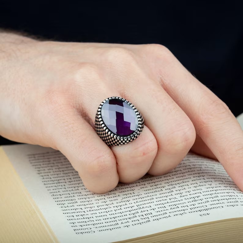RARE PRINCE by CARAT SUTRA | Unique Designed Turkish Style Ring with Purple Amethyst , 925 Sterling Silver Oxidized Ring | Men's Jewelry | With Certificate of Authenticity and 925 Hallmark