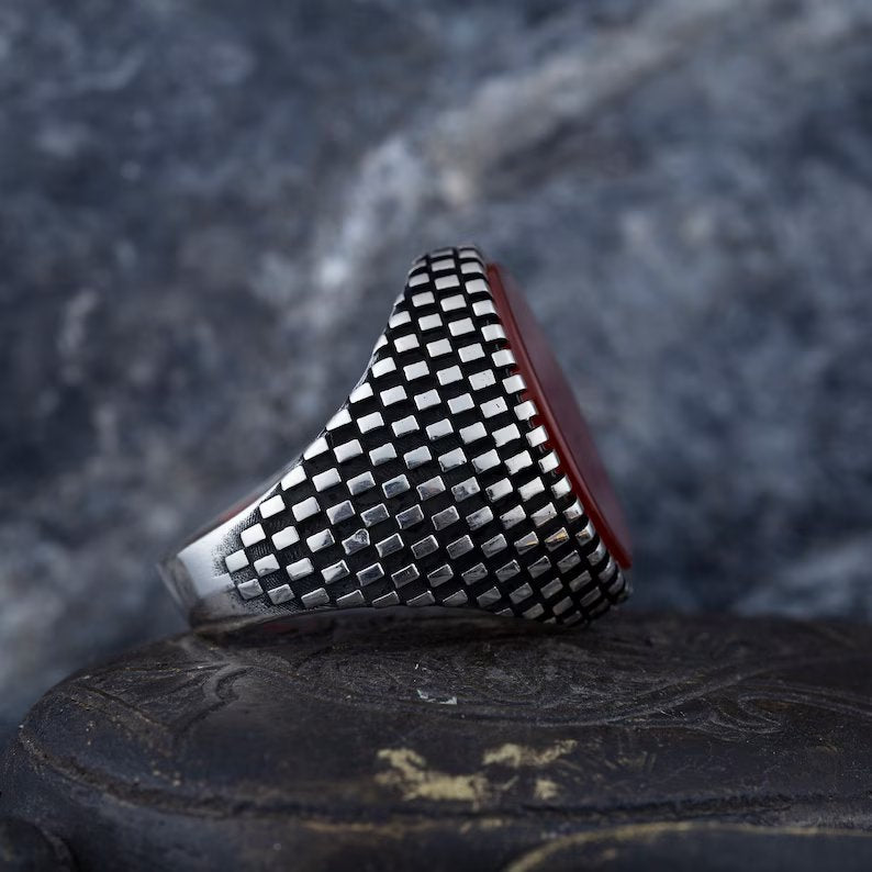 RARE PRINCE by CARAT SUTRA | Unique Turkish Style Ring with Natural Red Agate  | 925 Sterling Silver Oxidized Ring | Men's Jewelry | With Certificate of Authenticity and 925 Hallmark