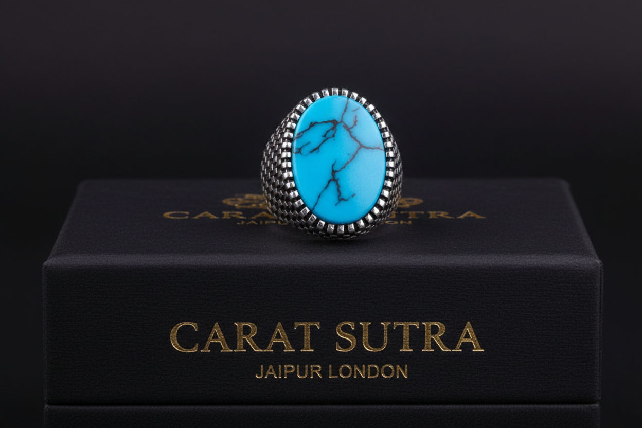 RARE PRINCE by CARAT SUTRA | Unique Designed Turkish Style Ring with Natural Irani Turquoise (Firoza) | 925 Sterling Silver Oxidized Ring | Men's Jewelry | With Certificate of Authenticity and 925 Hallmark - caratsutra