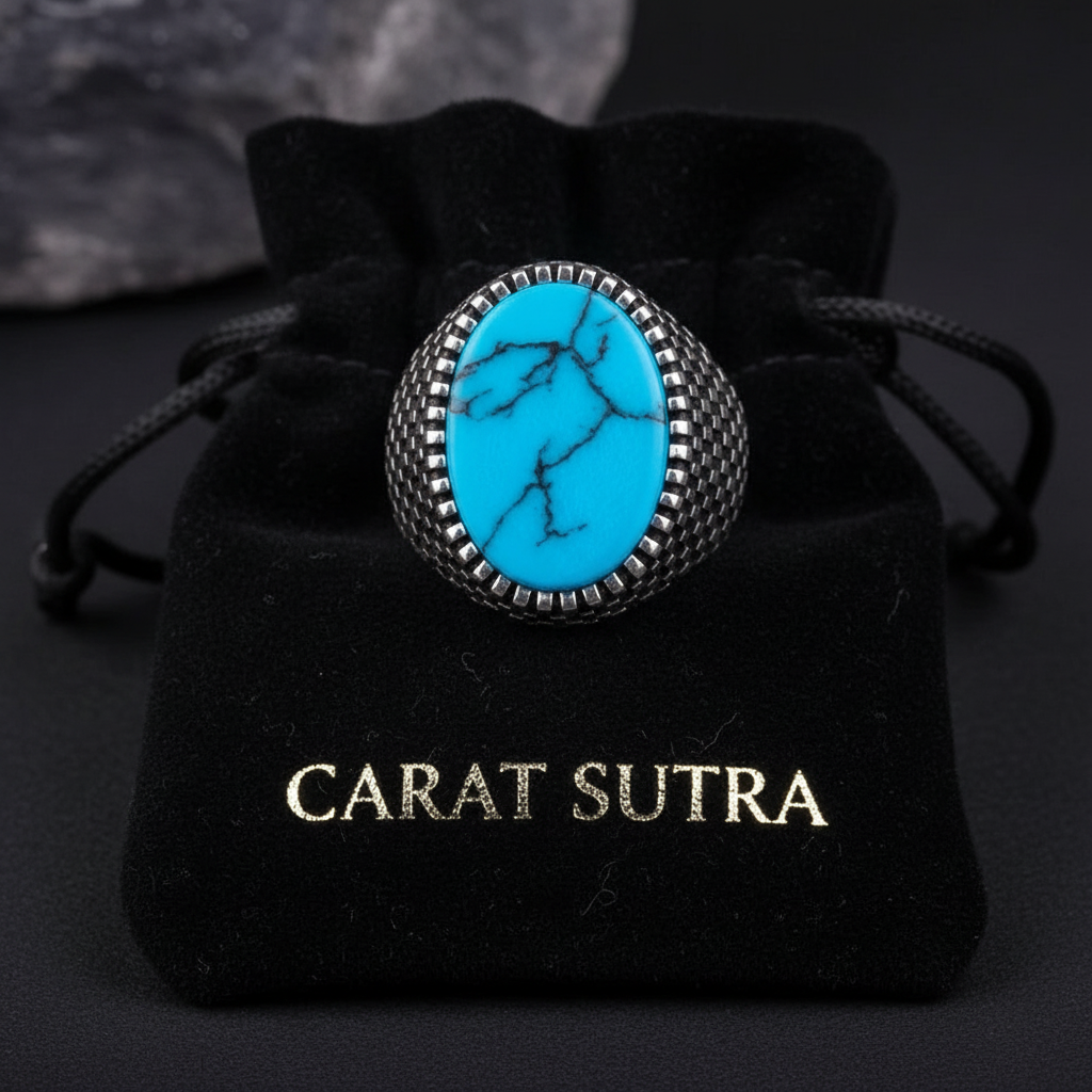 RARE PRINCE by CARAT SUTRA | Unique Designed Turkish Style Ring with Natural Irani Turquoise (Firoza) | 925 Sterling Silver Oxidized Ring | Men's Jewelry | With Certificate of Authenticity and 925 Hallmark
