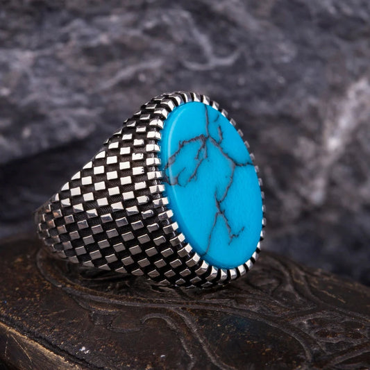 RARE PRINCE by CARAT SUTRA | Unique Designed Turkish Style Ring with Natural Blue Turquoise | 925 Sterling Silver Oxidized Ring | Men's Jewelry | With Certificate of Authenticity and 925 Hallmark