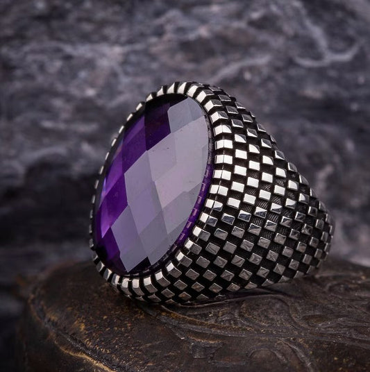 RARE PRINCE by CARAT SUTRA | Unique Designed Turkish Style Ring with Purple Amethyst , 925 Sterling Silver Oxidized Ring | Men's Jewelry | With Certificate of Authenticity and 925 Hallmark