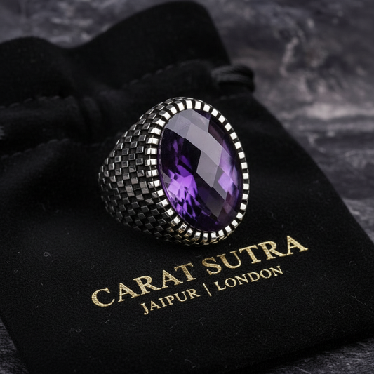 RARE PRINCE by CARAT SUTRA | Unique Designed Turkish Style Ring with Purple Amethyst , 925 Sterling Silver Oxidized Ring | Men's Jewelry | With Certificate of Authenticity and 925 Hallmark