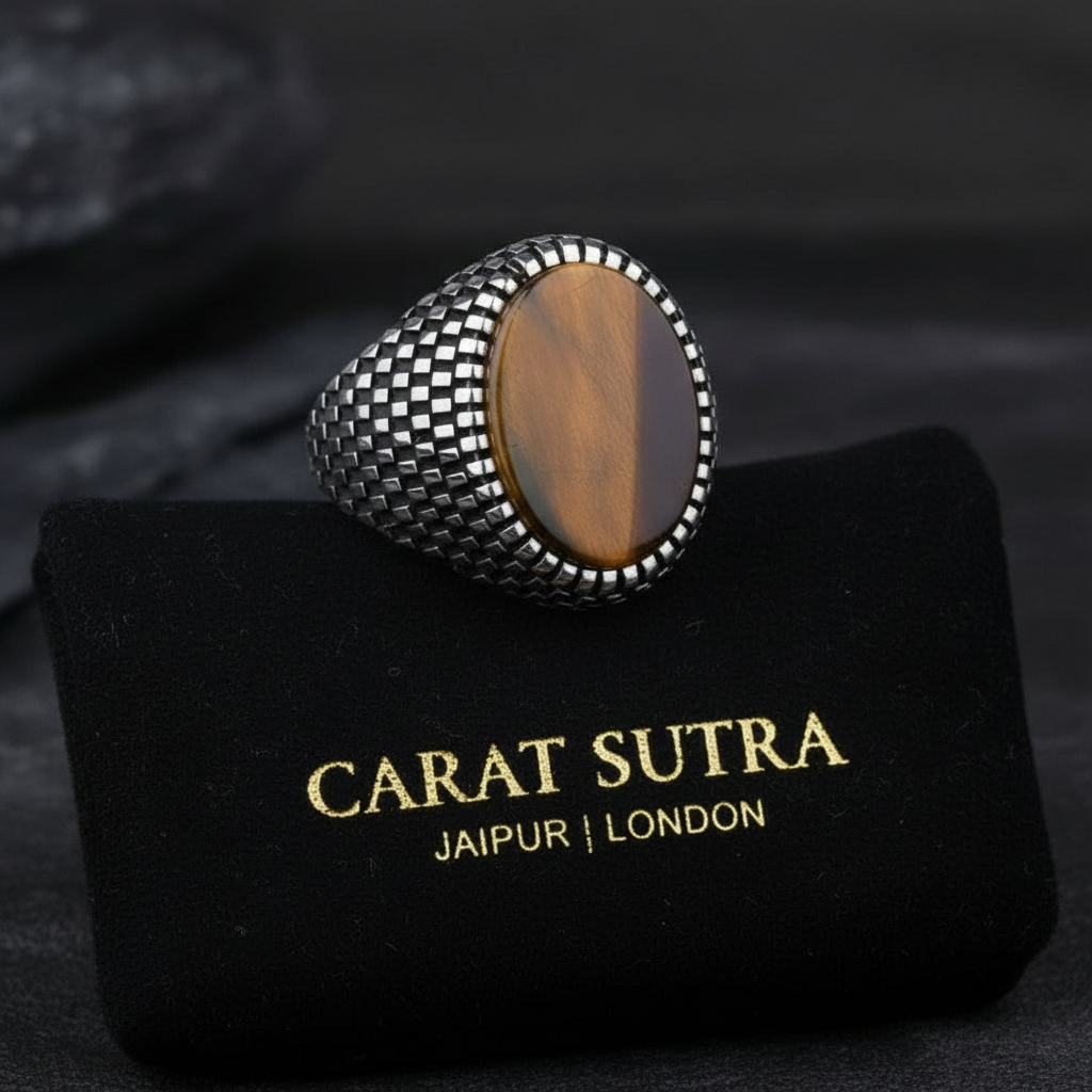 RARE PRINCE by CARAT SUTRA | Unique Designed Turkish Style Ring with Natural Tiger Eye  | 925 Sterling Silver Oxidized Ring | Men's Jewelry | With Certificate of Authenticity and 925 Hallmark