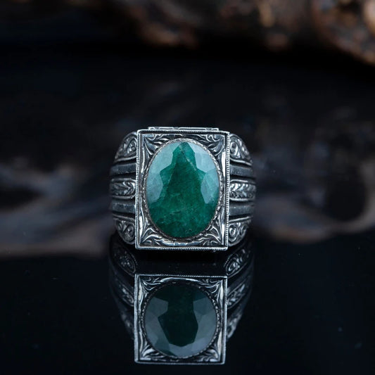 RARE PRINCE by CARAT SUTRA | Unique Designed Turkish Style Ring with Emerald | 925 Sterling Silver Oxidized Ring | Men's Jewelry | With Certificate of Authenticity and 925 Hallmark