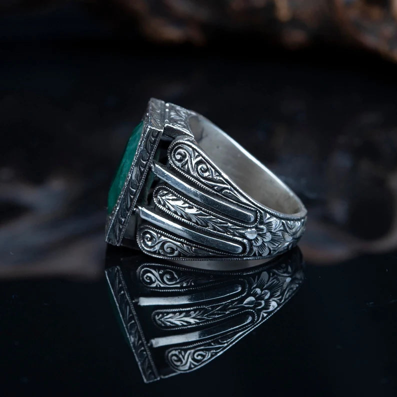 RARE PRINCE by CARAT SUTRA | Unique Designed Turkish Style Ring with Emerald | 925 Sterling Silver Oxidized Ring | Men's Jewelry | With Certificate of Authenticity and 925 Hallmark